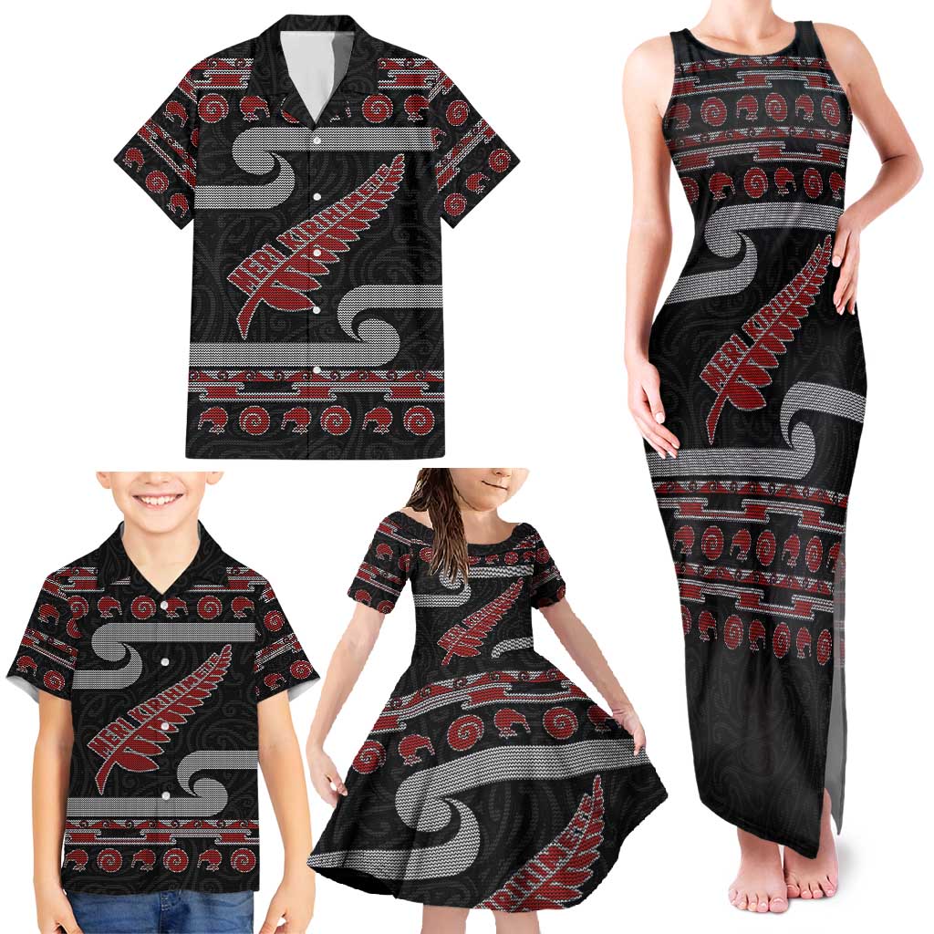 New Zealand Christmas Family Matching Tank Maxi Dress and Hawaiian Shirt Meri Kirihimete Silver Fern Knit Style Red Color - Polynesian Pride