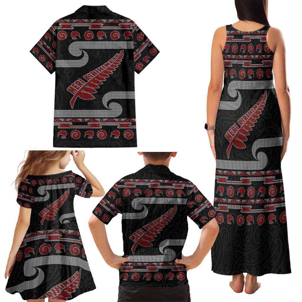 New Zealand Christmas Family Matching Tank Maxi Dress and Hawaiian Shirt Meri Kirihimete Silver Fern Knit Style Red Color - Polynesian Pride
