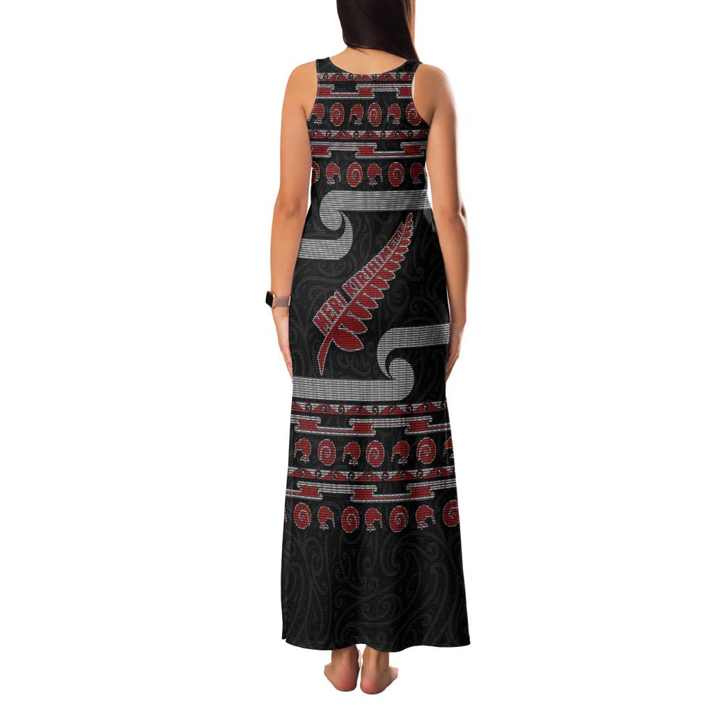New Zealand Christmas Family Matching Tank Maxi Dress and Hawaiian Shirt Meri Kirihimete Silver Fern Knit Style Red Color - Polynesian Pride