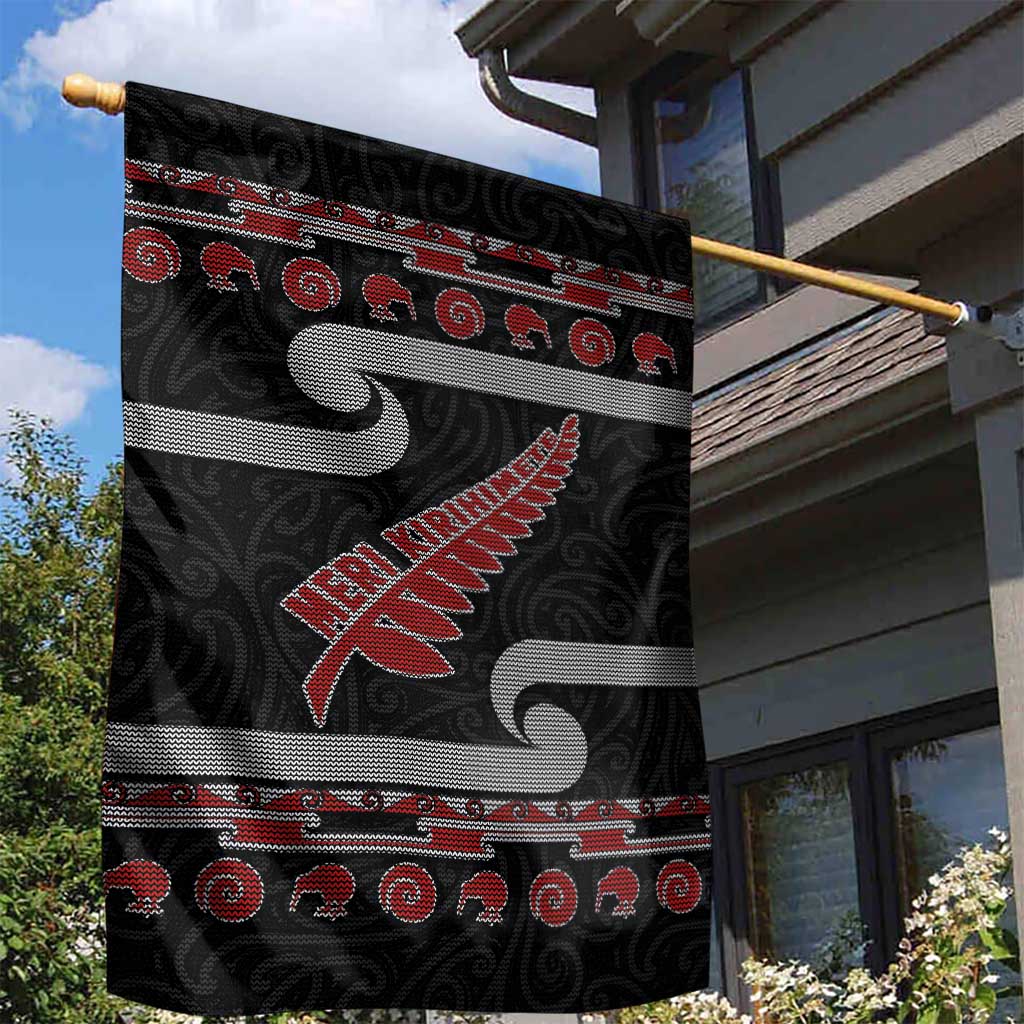 New Zealand Christmas Garden Flag Meri Kirihimete Silver Fern Knit Style Red Color - Polynesian Pride