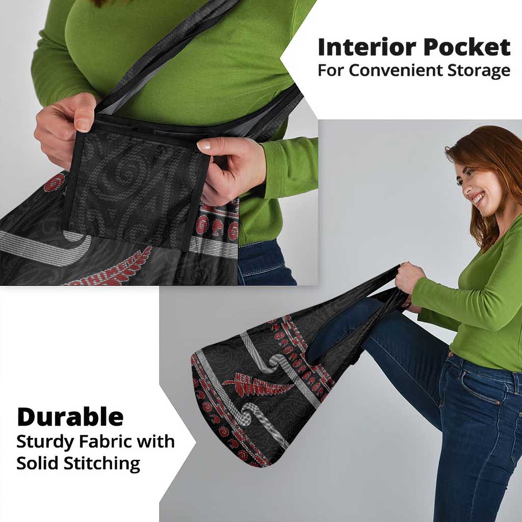 New Zealand Christmas Grocery Bag Meri Kirihimete Silver Fern Knit Style Red Color - Polynesian Pride