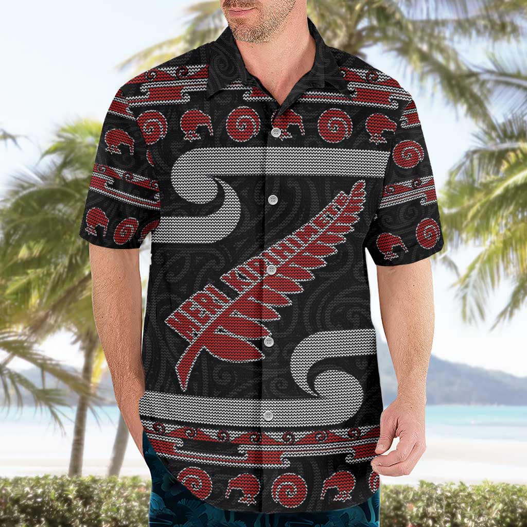 New Zealand Christmas Hawaiian Shirt Meri Kirihimete Silver Fern Knit Style Red Color - Polynesian Pride