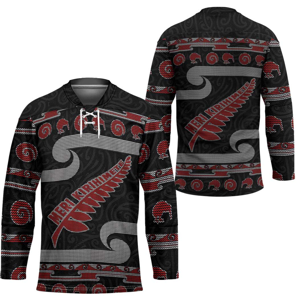New Zealand Christmas Hockey Jersey Meri Kirihimete Silver Fern Knit Style Red Color - Polynesian Pride