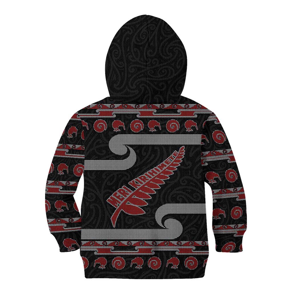 New Zealand Christmas Kid Hoodie Meri Kirihimete Silver Fern Knit Style Red Color - Polynesian Pride