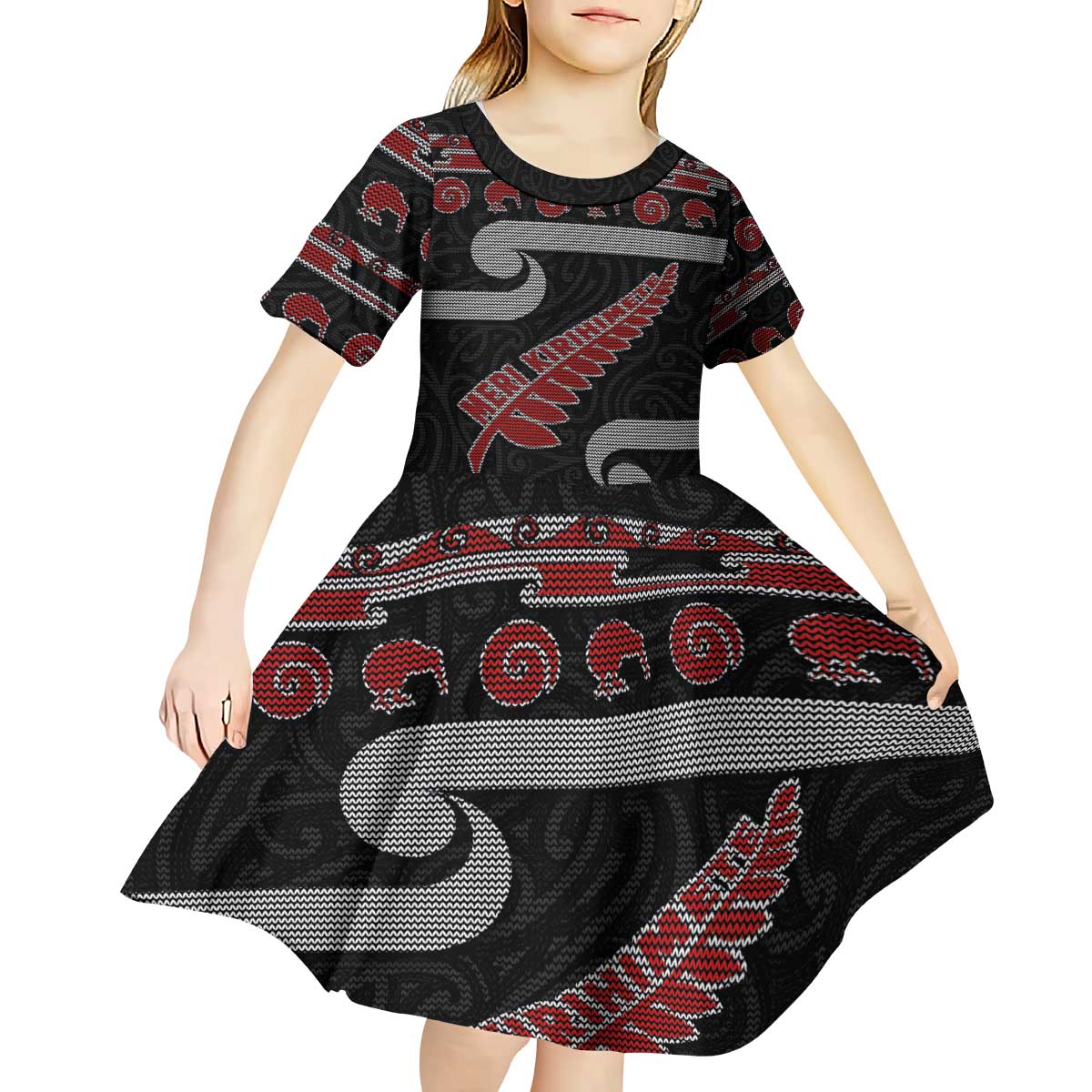 New Zealand Christmas Kid Short Sleeve Dress Meri Kirihimete Silver Fern Knit Style Red Color - Polynesian Pride