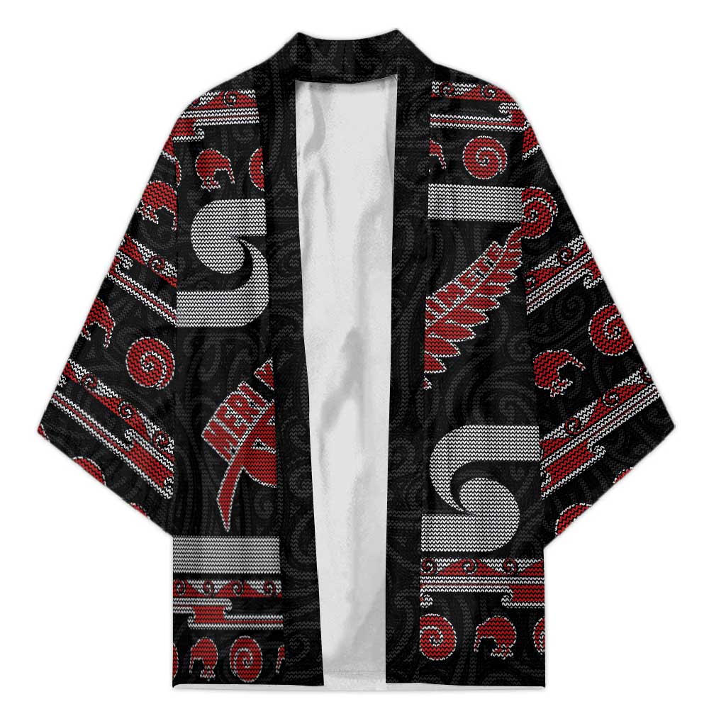 New Zealand Christmas Kimono Meri Kirihimete Silver Fern Knit Style Red Color - Polynesian Pride
