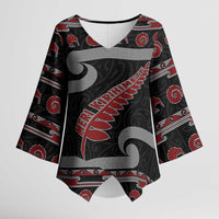 New Zealand Christmas Kimono Sleeve Blouse Meri Kirihimete Silver Fern Knit Style Red Color - Polynesian Pride