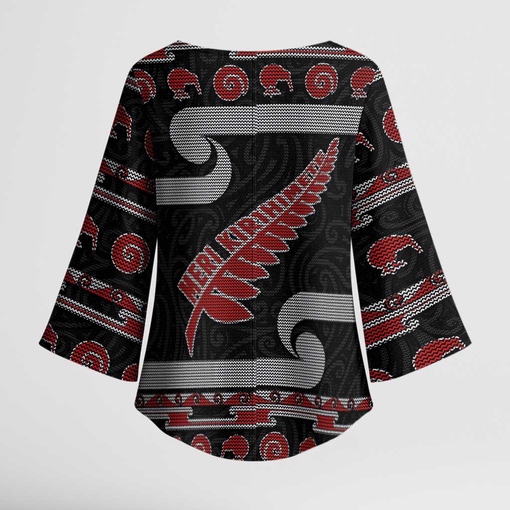 New Zealand Christmas Kimono Sleeve Blouse Meri Kirihimete Silver Fern Knit Style Red Color - Polynesian Pride