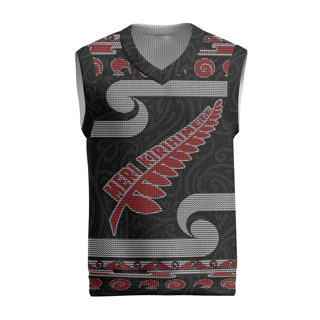 New Zealand Christmas Knitted V-Neck Vest Meri Kirihimete Silver Fern Knit Style Red Color - Polynesian Pride