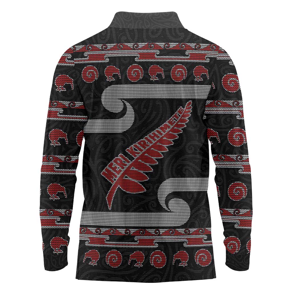 New Zealand Christmas Long Sleeve Polo Shirt Meri Kirihimete Silver Fern Knit Style Red Color - Polynesian Pride