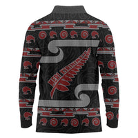 New Zealand Christmas Long Sleeve Polo Shirt Meri Kirihimete Silver Fern Knit Style Red Color - Polynesian Pride