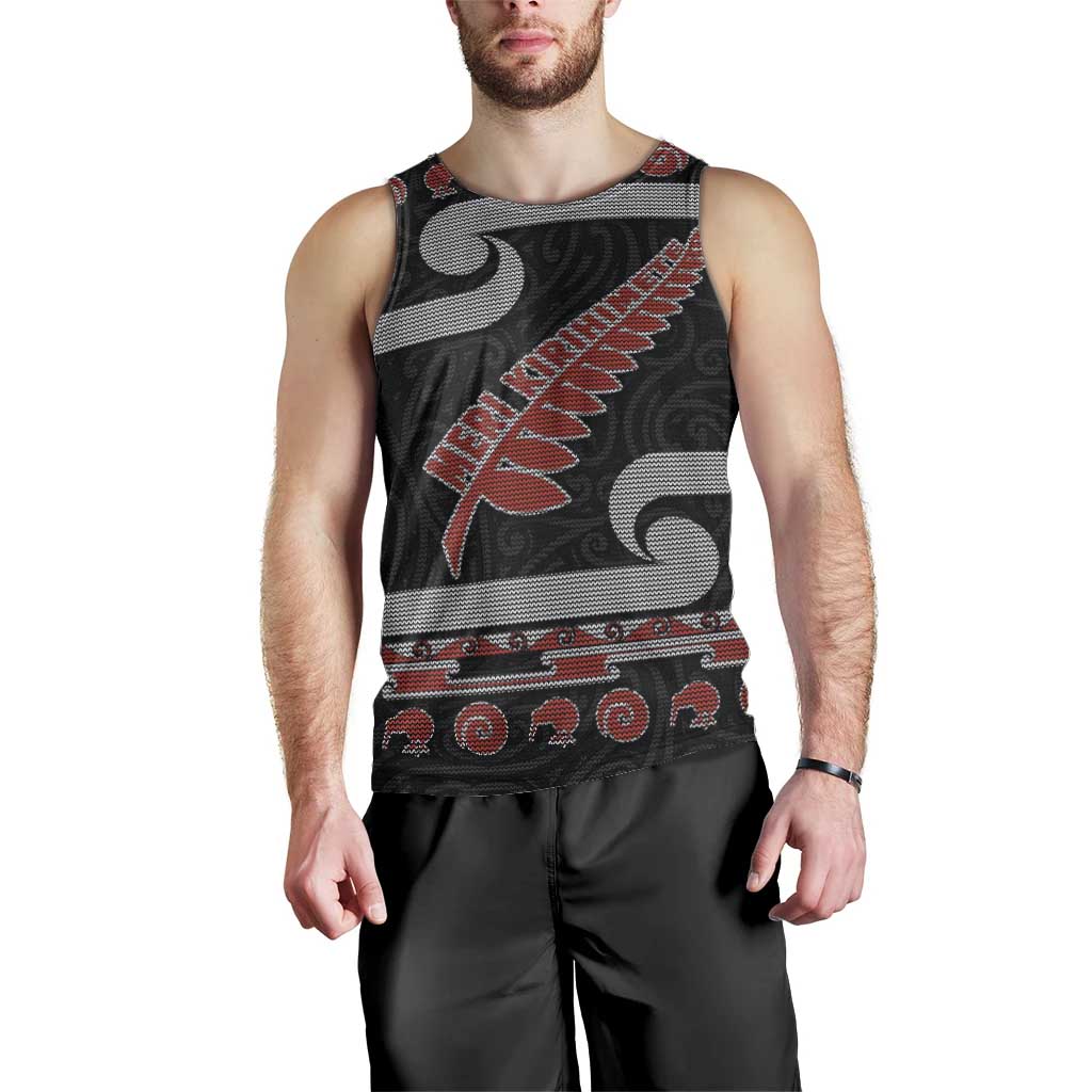 New Zealand Christmas Men Tank Top Meri Kirihimete Silver Fern Knit Style Red Color - Polynesian Pride