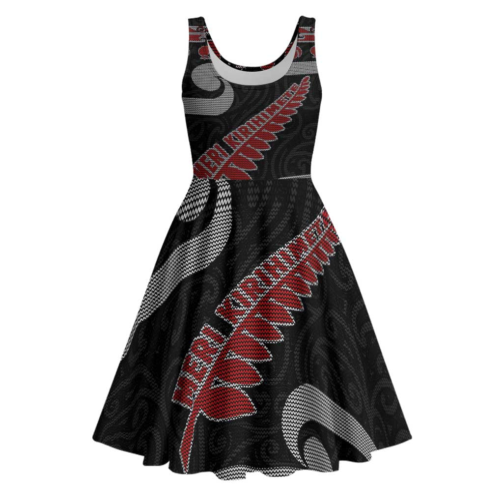 New Zealand Christmas Midi Dress Meri Kirihimete Silver Fern Knit Style Red Color - Polynesian Pride