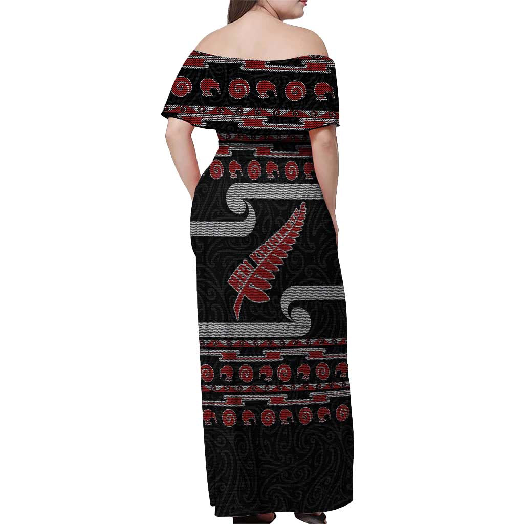 New Zealand Christmas Off Shoulder Maxi Dress Meri Kirihimete Silver Fern Knit Style Red Color - Polynesian Pride
