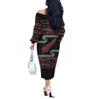 New Zealand Christmas Off The Shoulder Long Sleeve Dress Meri Kirihimete Silver Fern Knit Style Red Color - Polynesian Pride