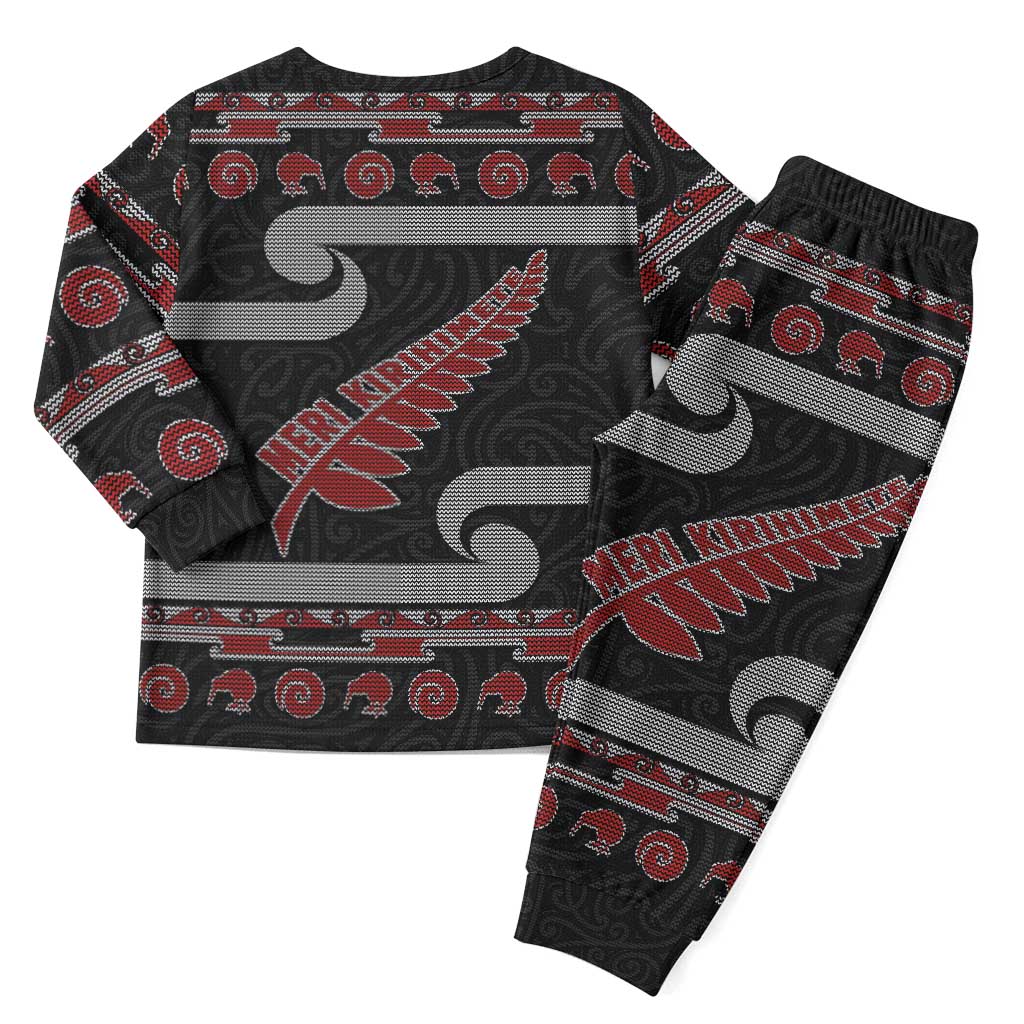 New Zealand Christmas Pajama Set Meri Kirihimete Silver Fern Knit Style Red Color - Polynesian Pride