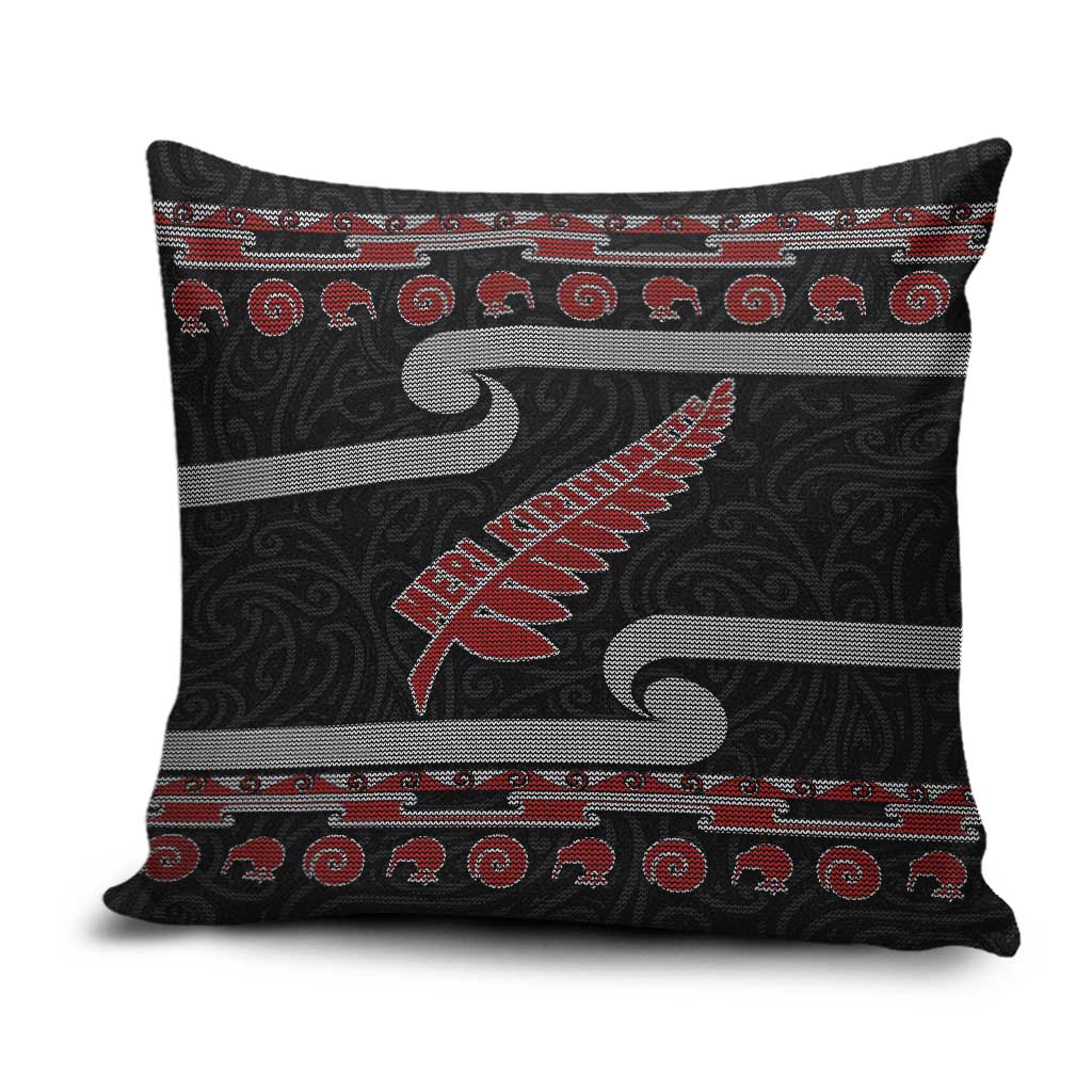 New Zealand Christmas Pillow Cover Meri Kirihimete Silver Fern Knit Style Red Color - Polynesian Pride