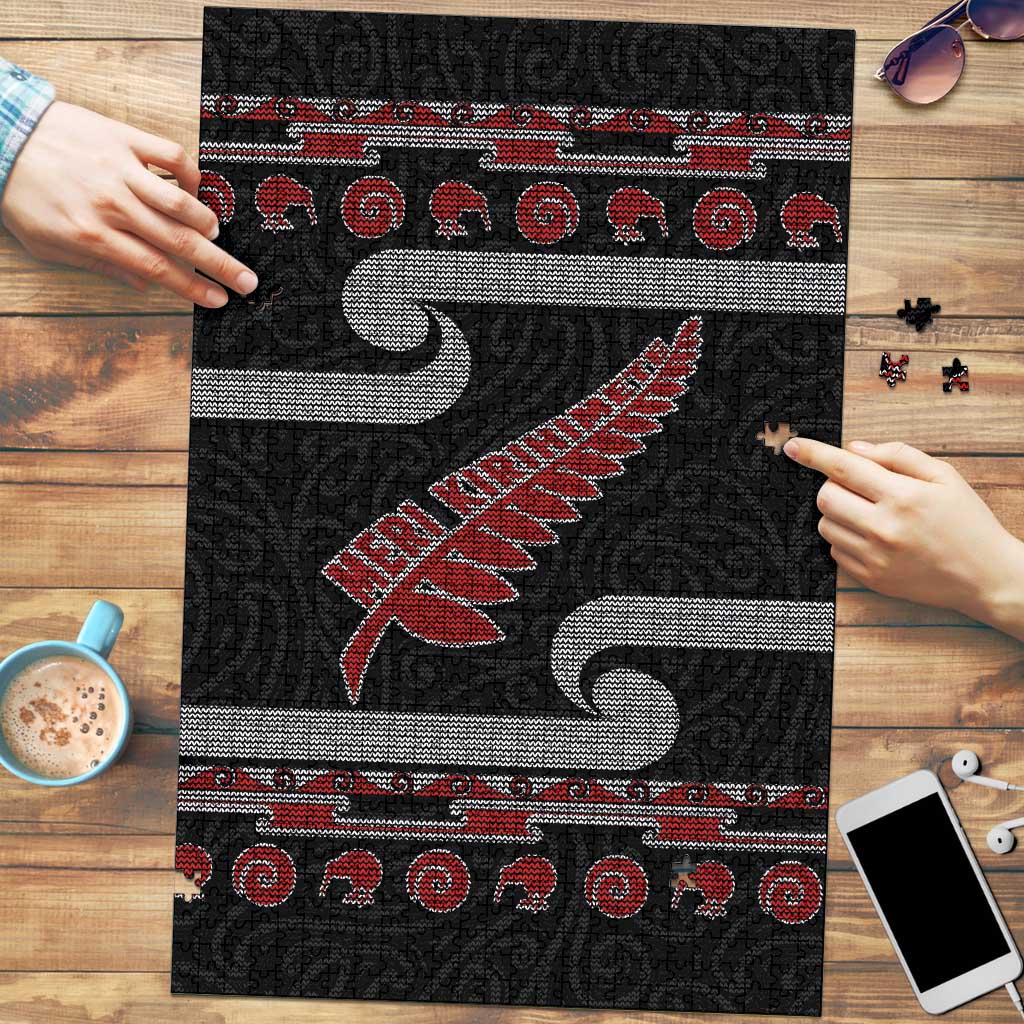 New Zealand Christmas Puzzle Meri Kirihimete Silver Fern Knit Style Red Color - Polynesian Pride