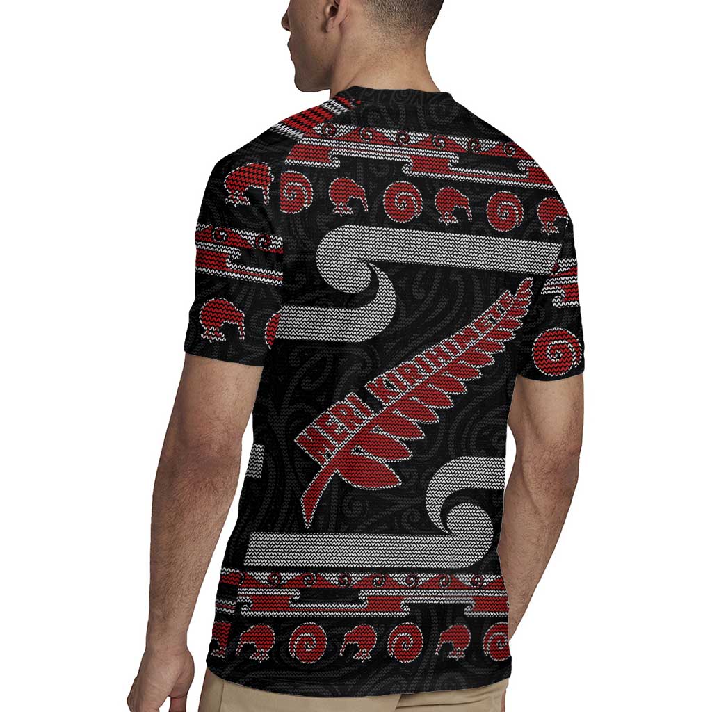 New Zealand Christmas Rugby Jersey Meri Kirihimete Silver Fern Knit Style Red Color - Polynesian Pride