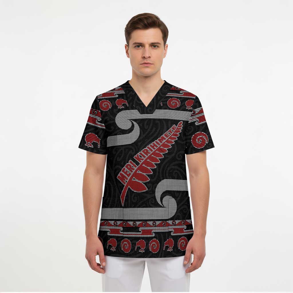 New Zealand Christmas Scrub Top Meri Kirihimete Silver Fern Knit Style Red Color - Polynesian Pride