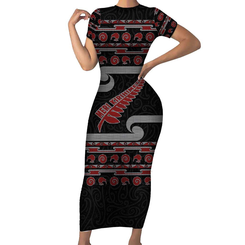 New Zealand Christmas Short Sleeve Bodycon Dress Meri Kirihimete Silver Fern Knit Style Red Color - Polynesian Pride