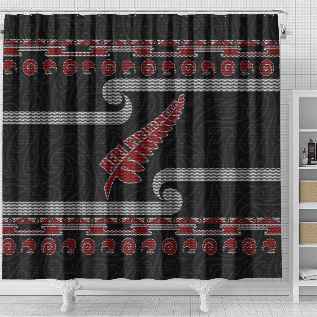 New Zealand Christmas Shower Curtain Meri Kirihimete Silver Fern Knit Style Red Color - Polynesian Pride