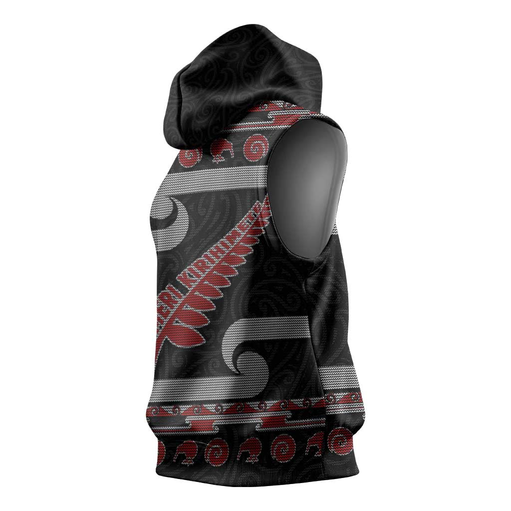 New Zealand Christmas Sleeveless Hoodie Meri Kirihimete Silver Fern Knit Style Red Color - Polynesian Pride