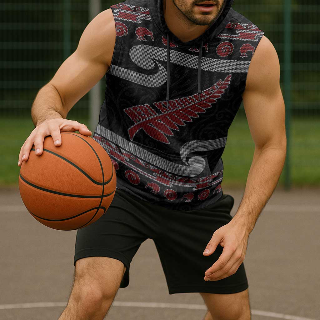 New Zealand Christmas Sleeveless Hoodie Meri Kirihimete Silver Fern Knit Style Red Color - Polynesian Pride