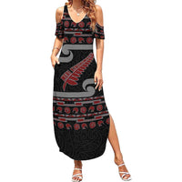 New Zealand Christmas Summer Maxi Dress Meri Kirihimete Silver Fern Knit Style Red Color - Polynesian Pride