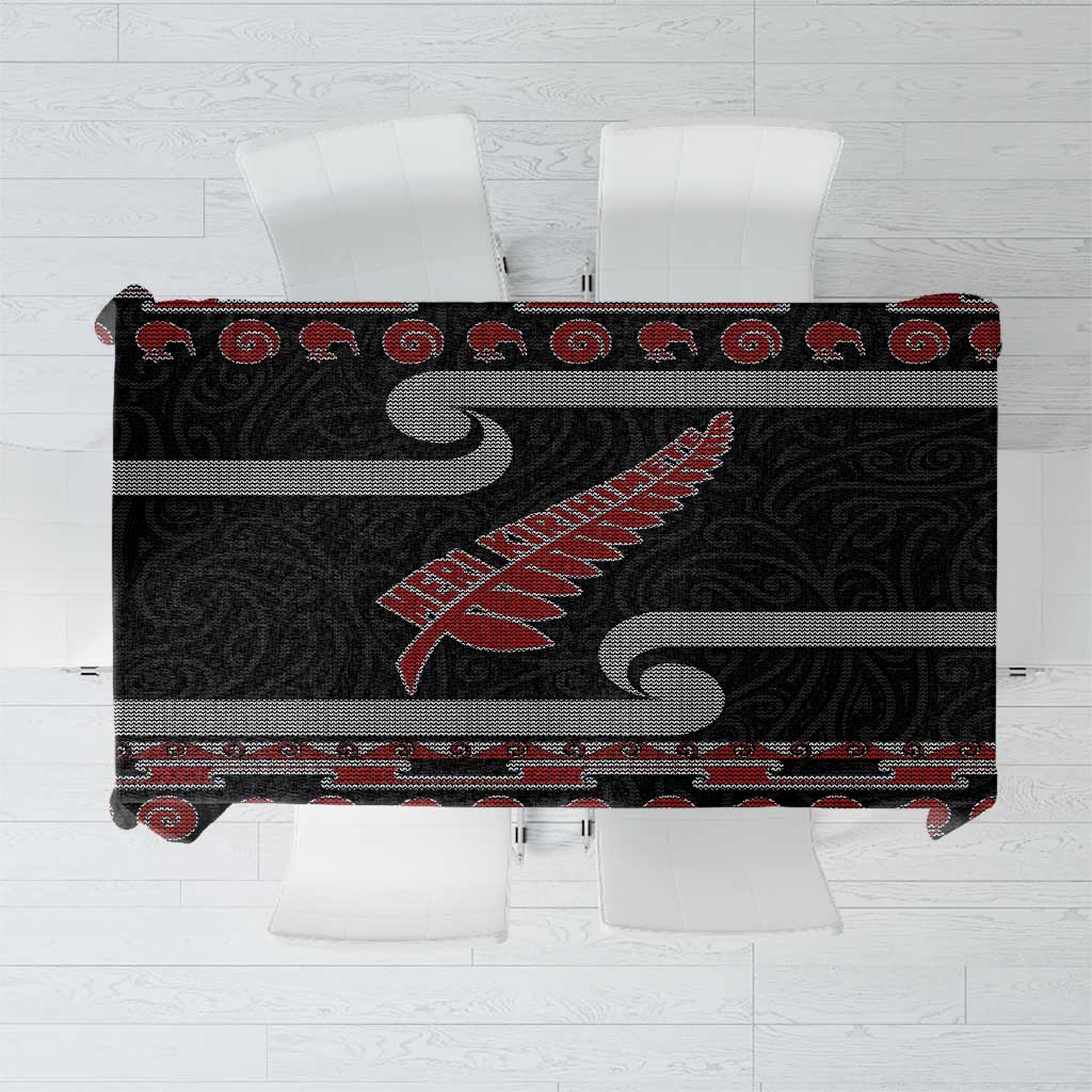 New Zealand Christmas Tablecloth Meri Kirihimete Silver Fern Knit Style Red Color - Polynesian Pride