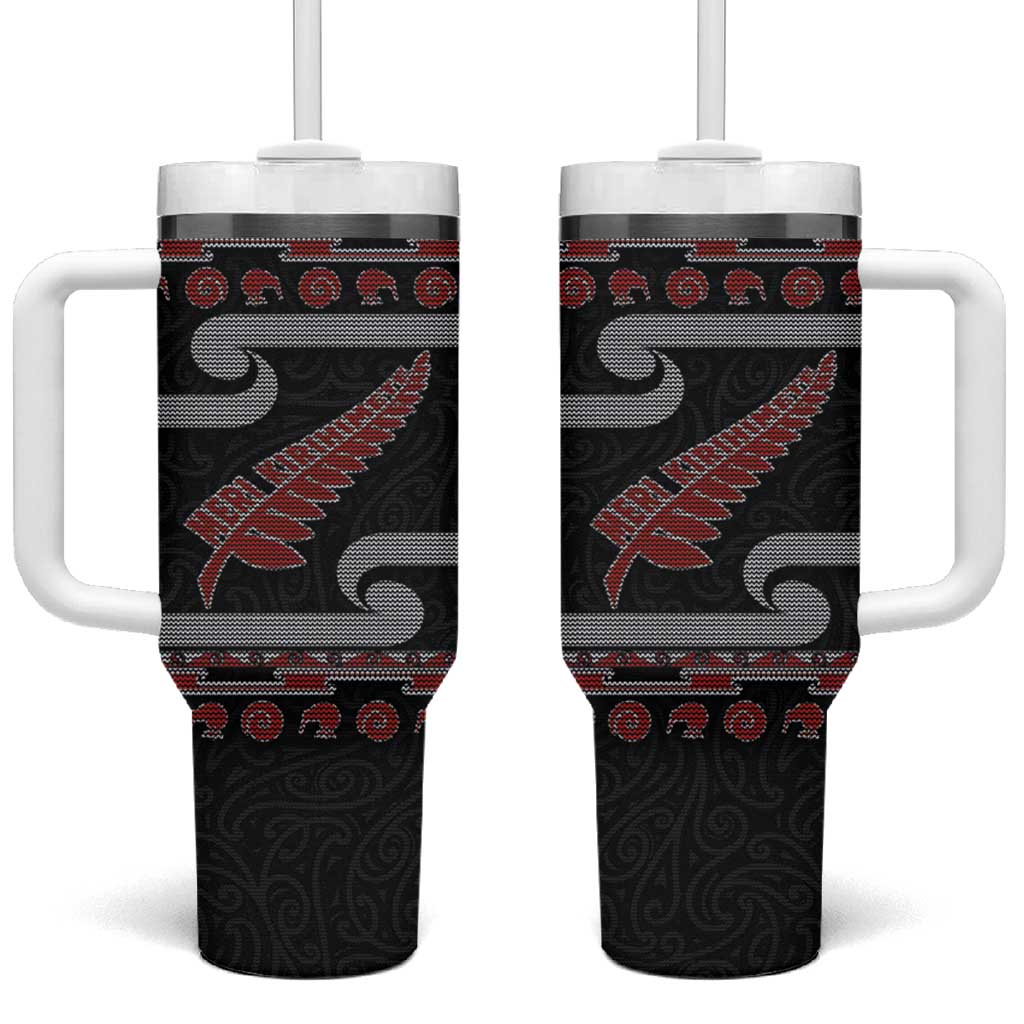 New Zealand Christmas Tumbler With Handle Meri Kirihimete Silver Fern Knit Style Red Color - Polynesian Pride