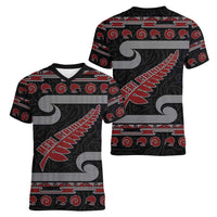 New Zealand Christmas Women V-Neck T-Shirt Meri Kirihimete Silver Fern Knit Style Red Color - Polynesian Pride