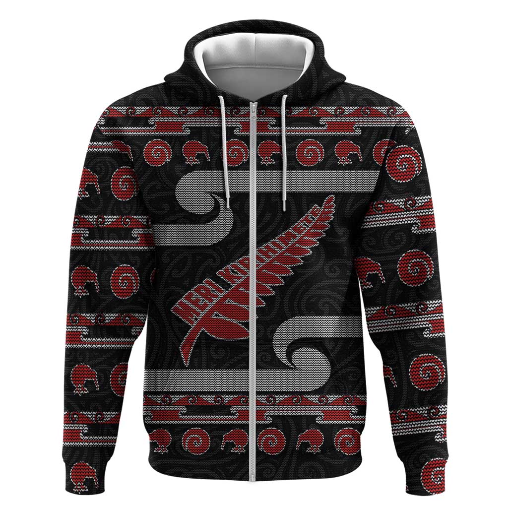 New Zealand Christmas Zip Hoodie Meri Kirihimete Silver Fern Knit Style Red Color - Polynesian Pride