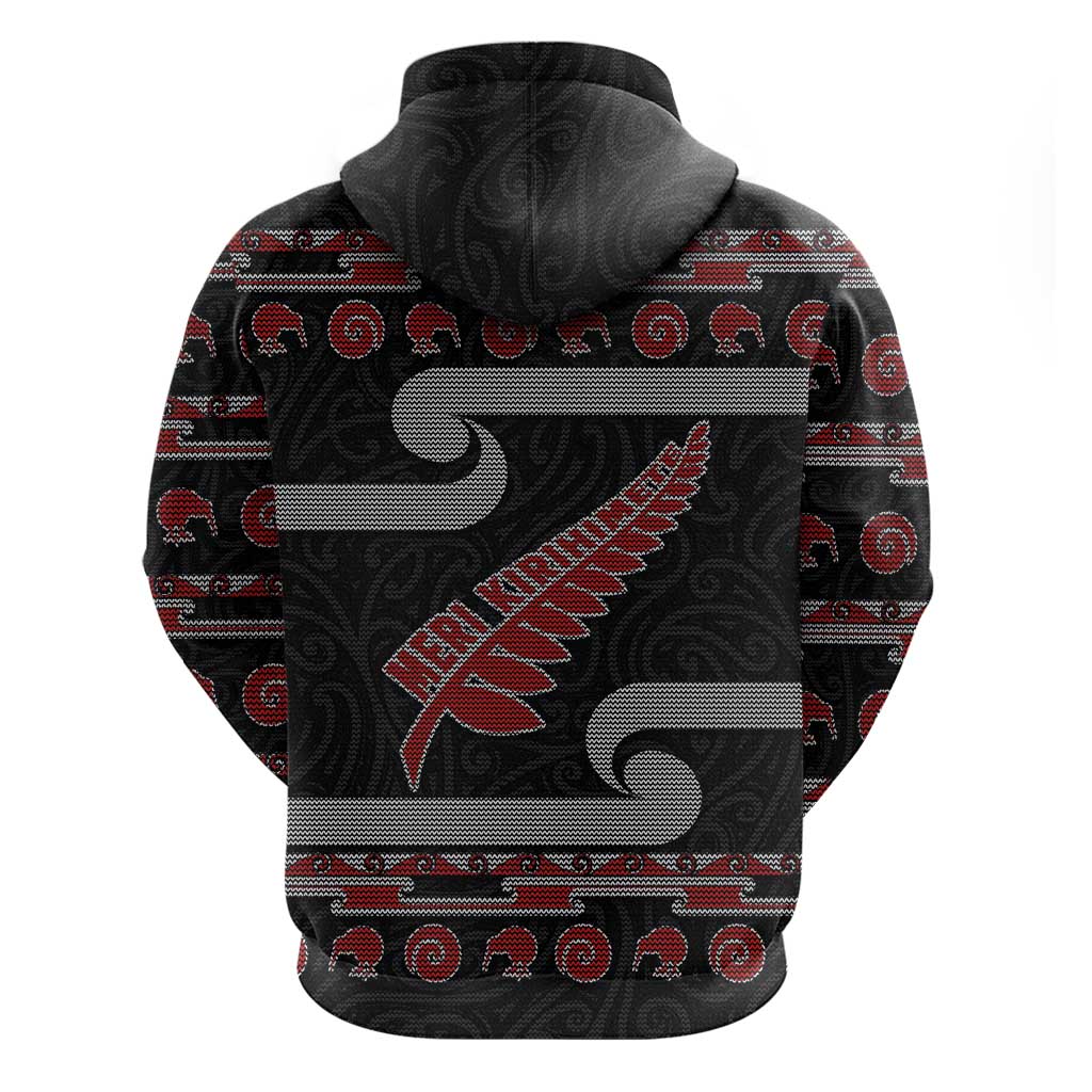 New Zealand Christmas Zip Hoodie Meri Kirihimete Silver Fern Knit Style Red Color - Polynesian Pride