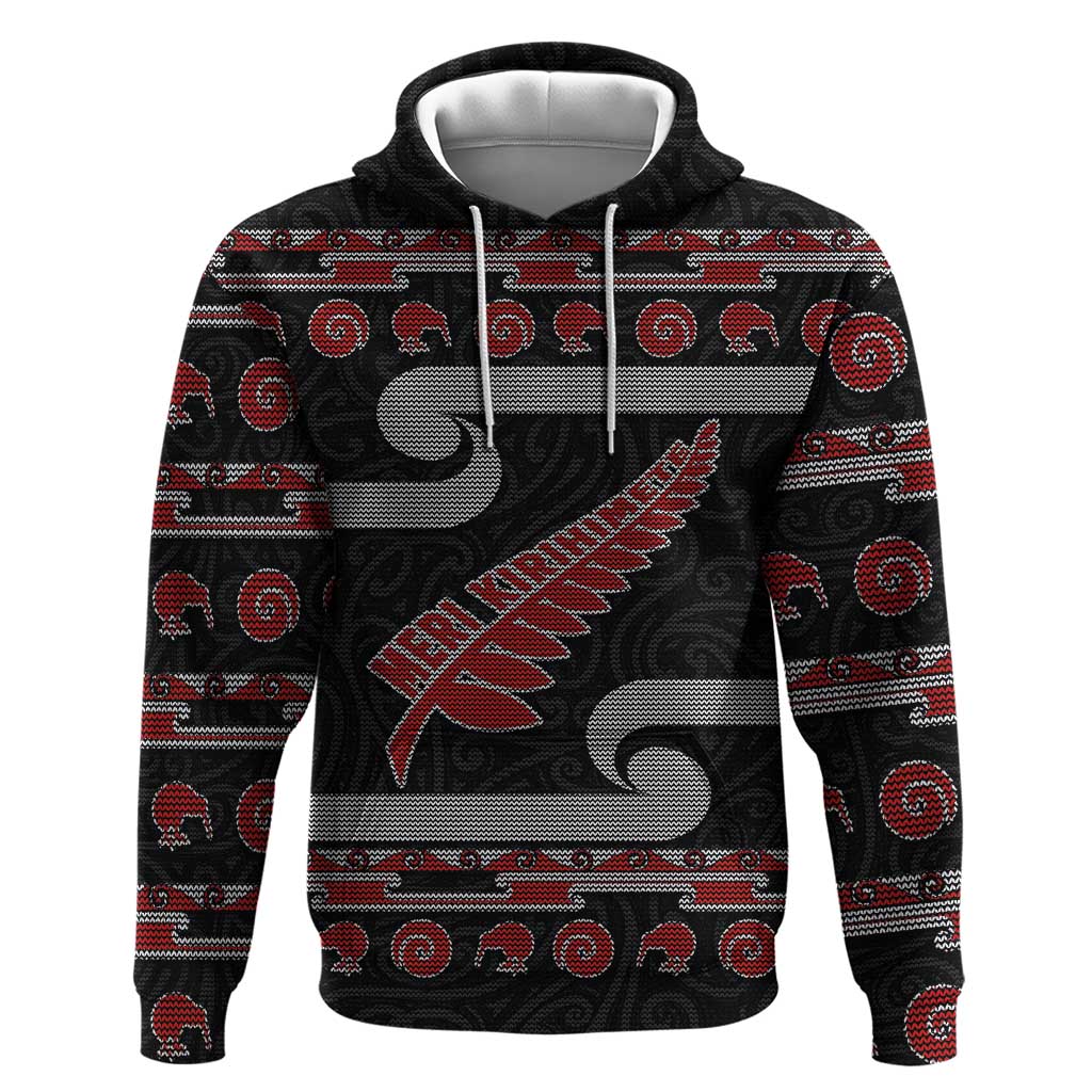New Zealand Christmas Zip Hoodie Meri Kirihimete Silver Fern Knit Style Red Color - Polynesian Pride