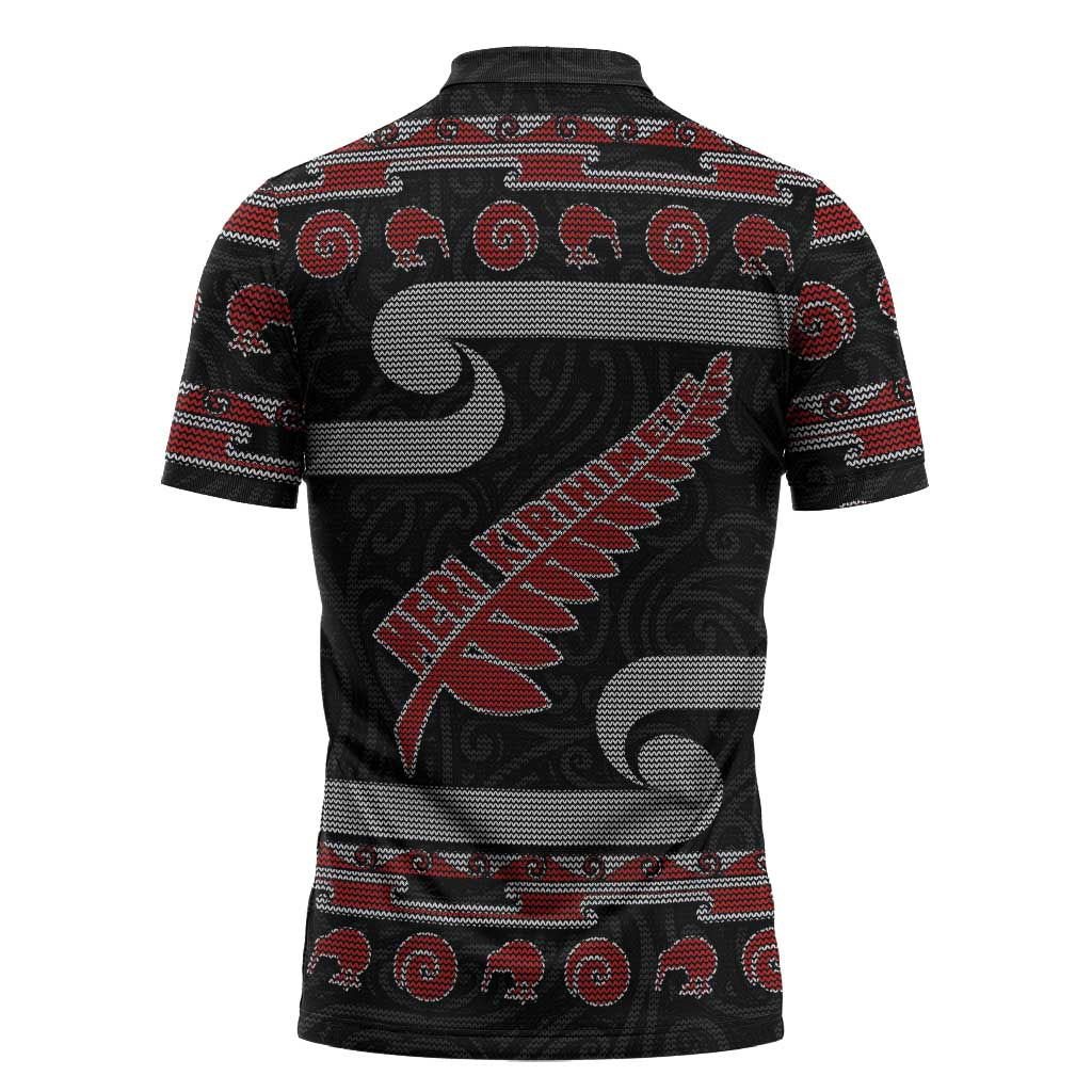 New Zealand Christmas Zipper Polo Shirt Meri Kirihimete Silver Fern Knit Style Red Color - Polynesian Pride