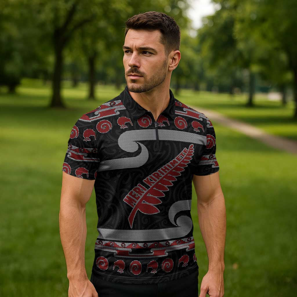 New Zealand Christmas Zipper Polo Shirt Meri Kirihimete Silver Fern Knit Style Red Color - Polynesian Pride