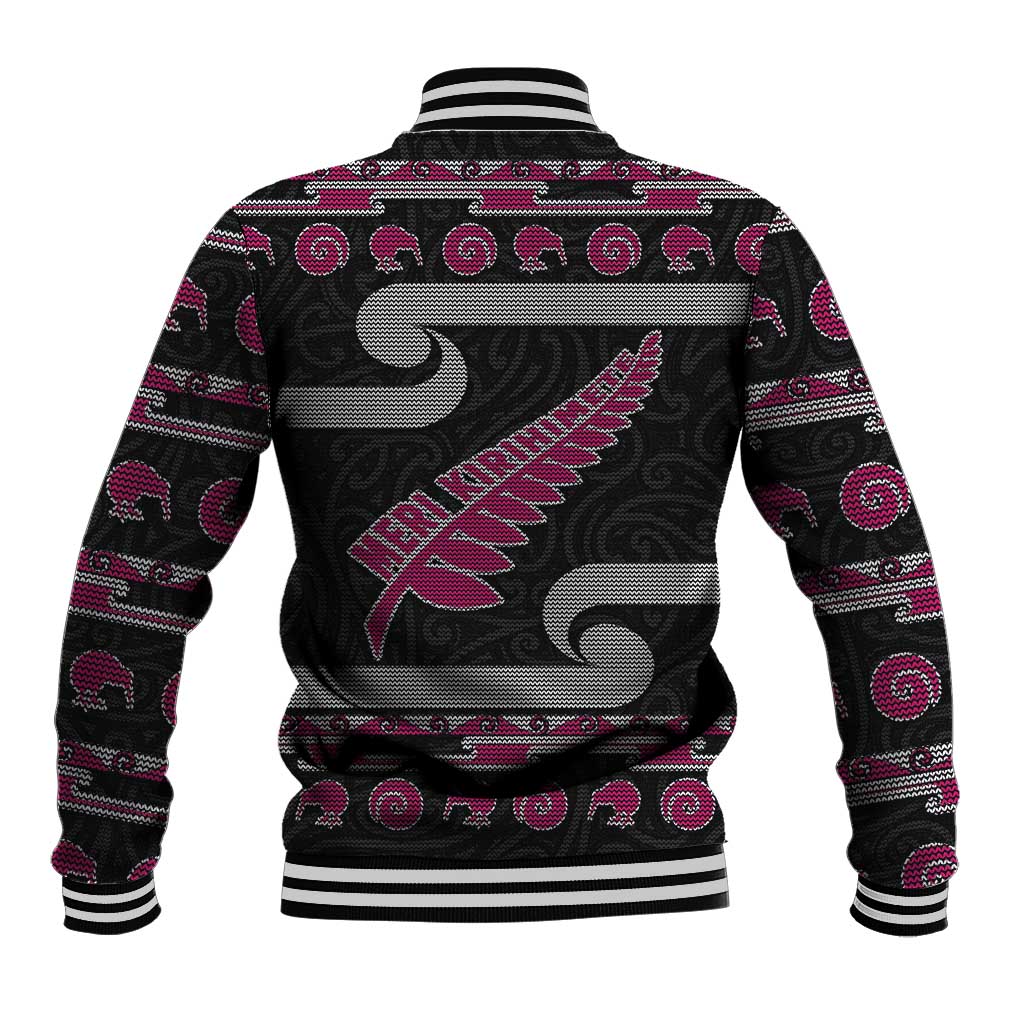 New Zealand Christmas Baseball Jacket Meri Kirihimete Silver Fern Knit Style Pink Color - Polynesian Pride