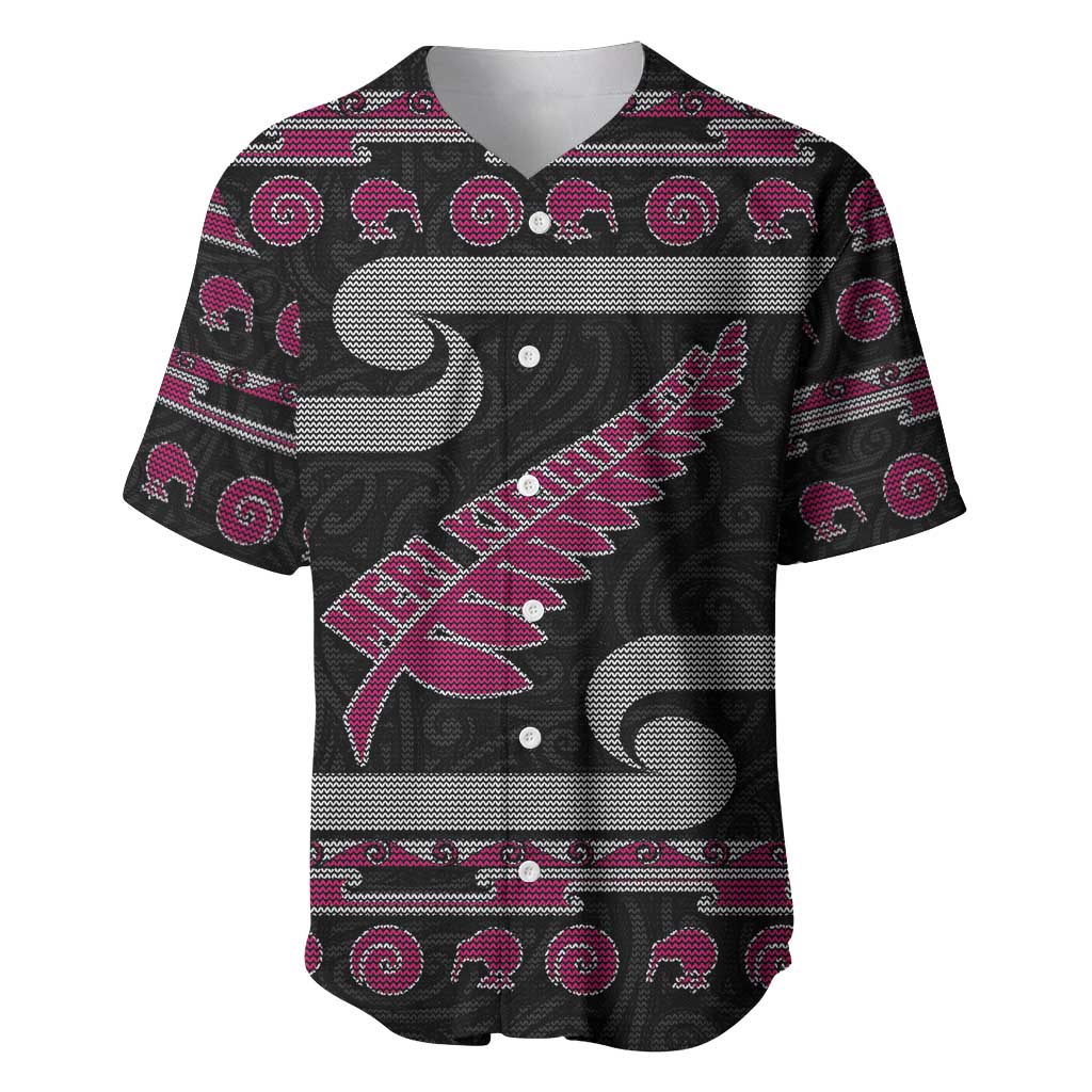New Zealand Christmas Baseball Jersey Meri Kirihimete Silver Fern Knit Style Pink Color - Polynesian Pride