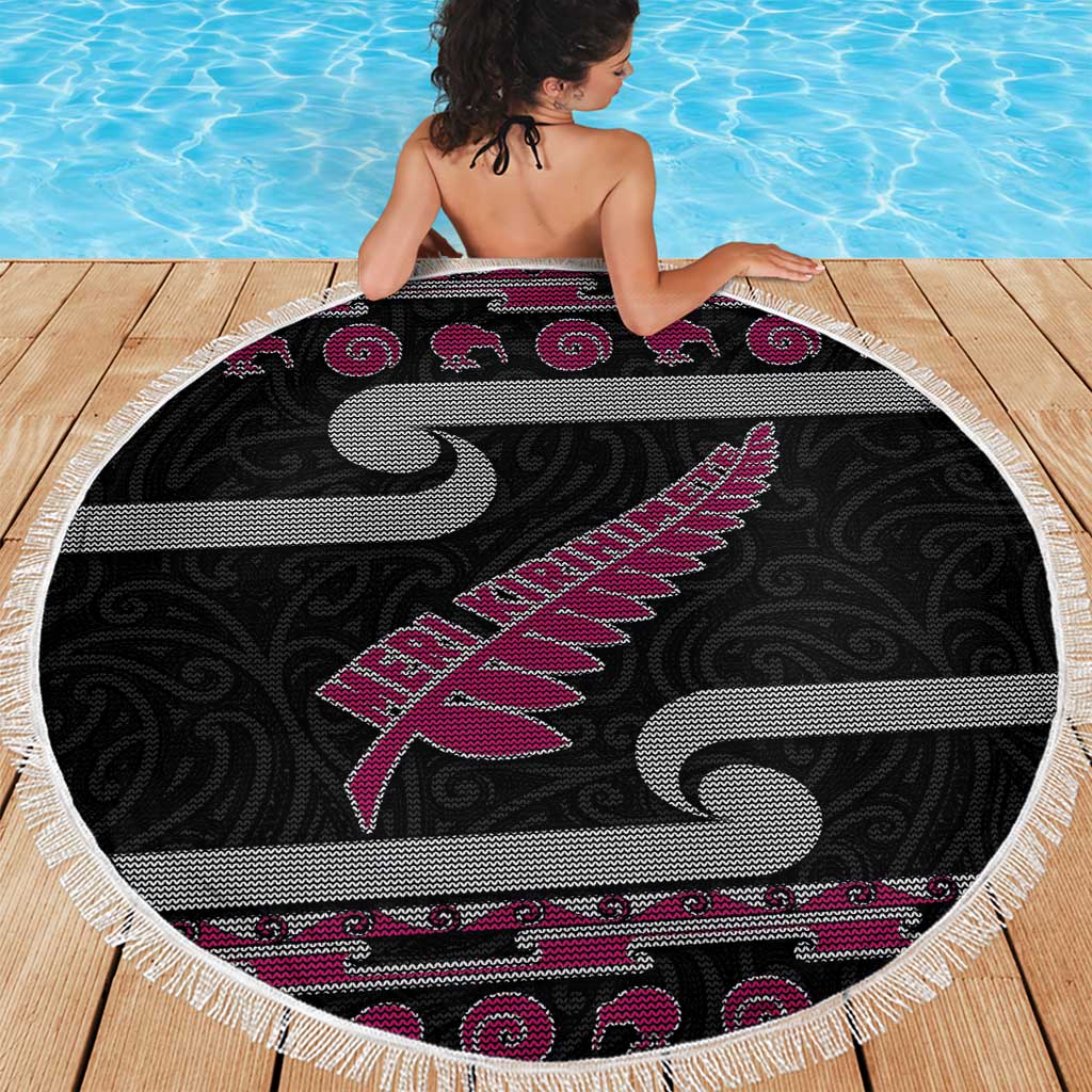 New Zealand Christmas Beach Blanket Meri Kirihimete Silver Fern Knit Style Pink Color - Polynesian Pride