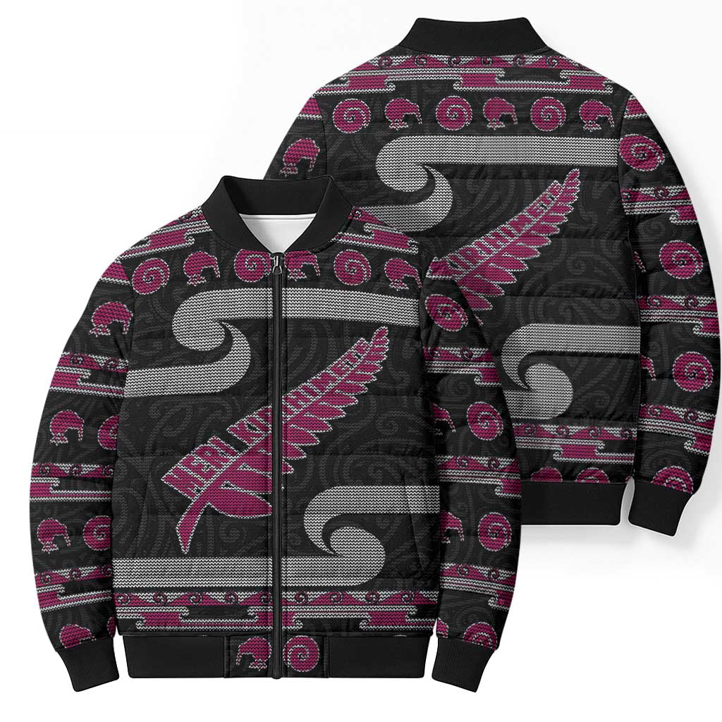 New Zealand Christmas Bomber Puffer Jacket Meri Kirihimete Silver Fern Knit Style Pink Color - Polynesian Pride