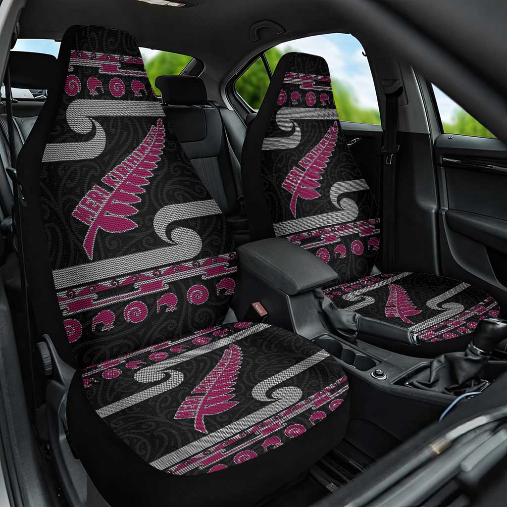 New Zealand Christmas Car Seat Cover Meri Kirihimete Silver Fern Knit Style Pink Color - Polynesian Pride