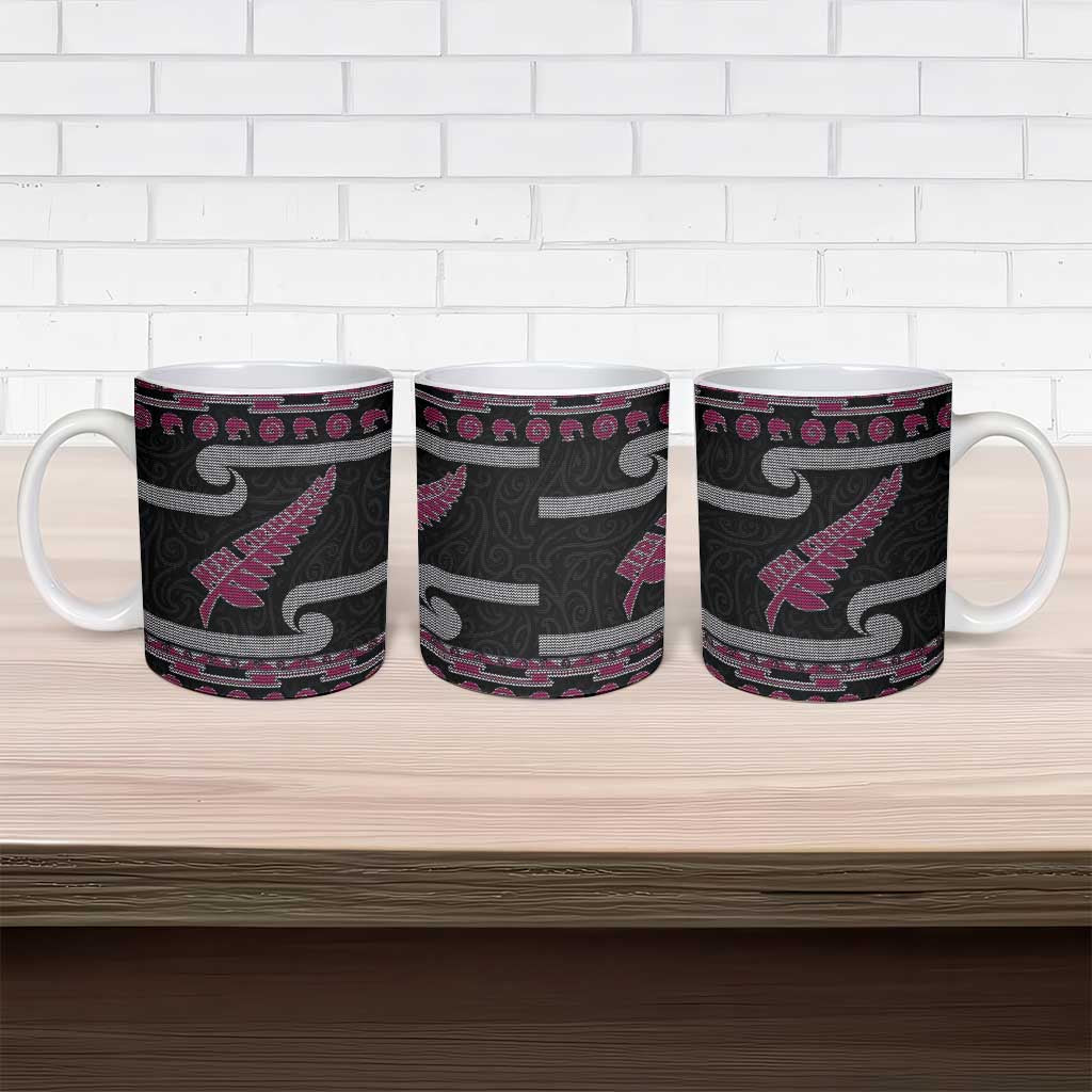 New Zealand Christmas Ceramic Mug Meri Kirihimete Silver Fern Knit Style Pink Color - Polynesian Pride