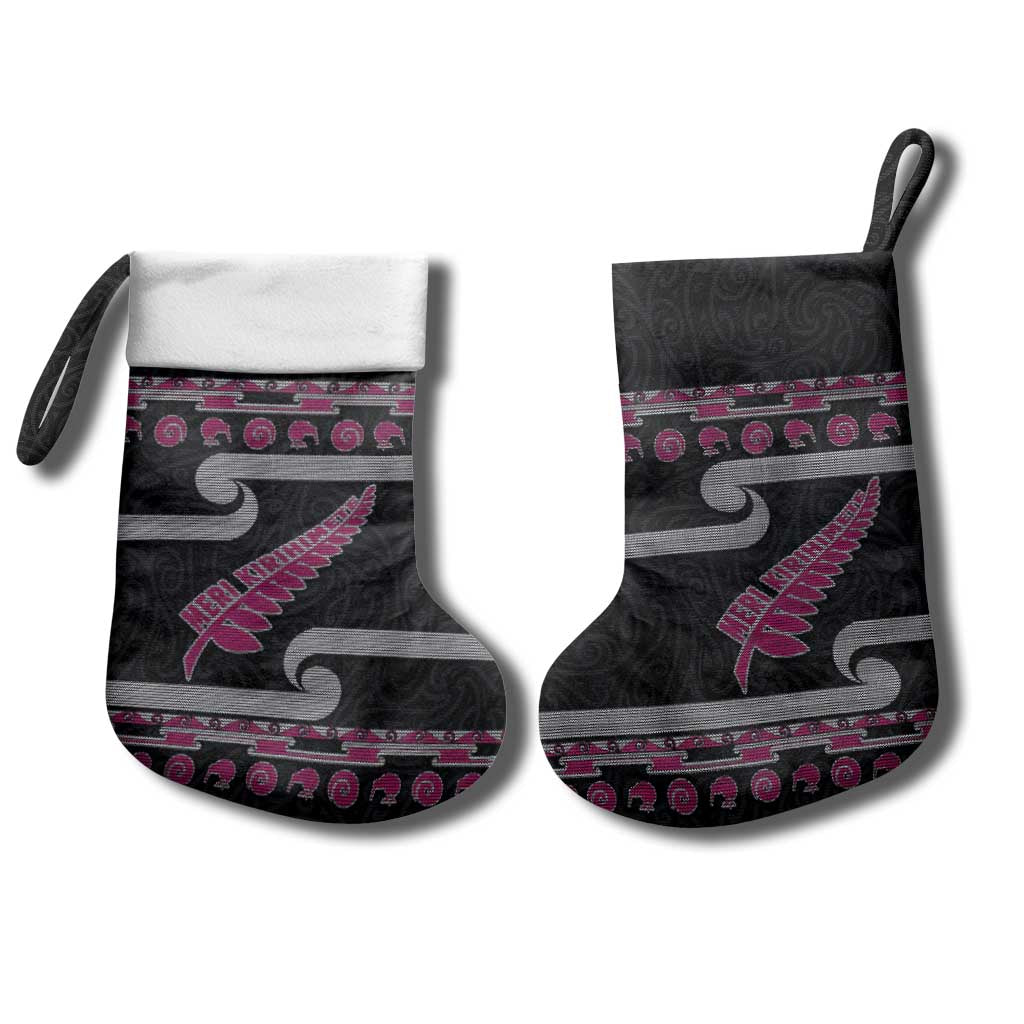 New Zealand Christmas Stocking Meri Kirihimete Silver Fern Knit Style Pink Color - Polynesian Pride
