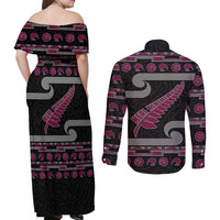 New Zealand Christmas Couples Matching Off Shoulder Maxi Dress and Long Sleeve Button Shirt Meri Kirihimete Silver Fern Knit Style Pink Color - Polynesian Pride