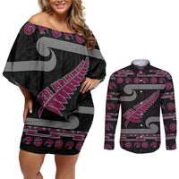 New Zealand Christmas Couples Matching Off Shoulder Short Dress and Long Sleeve Button Shirt Meri Kirihimete Silver Fern Knit Style Pink Color - Polynesian Pride