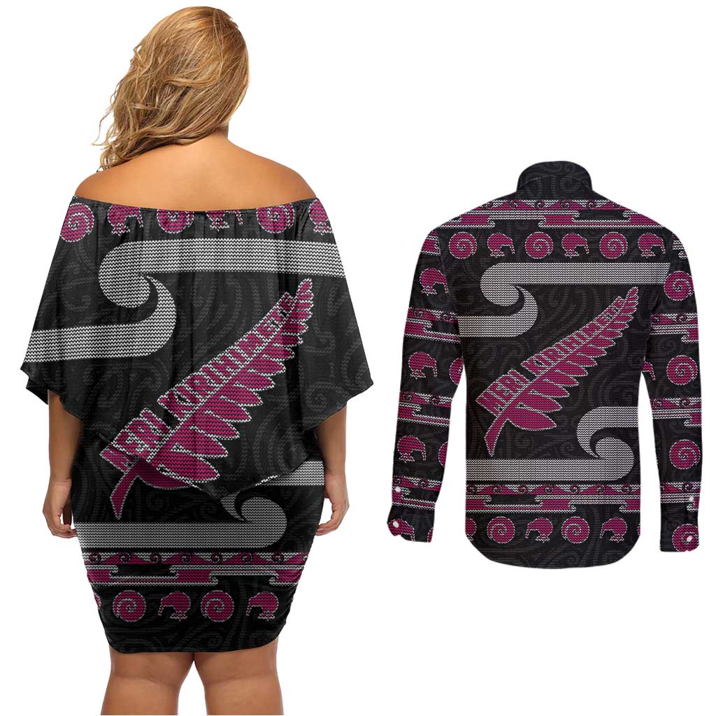 New Zealand Christmas Couples Matching Off Shoulder Short Dress and Long Sleeve Button Shirt Meri Kirihimete Silver Fern Knit Style Pink Color - Polynesian Pride