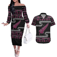 New Zealand Christmas Couples Matching Off The Shoulder Long Sleeve Dress and Hawaiian Shirt Meri Kirihimete Silver Fern Knit Style Pink Color - Polynesian Pride