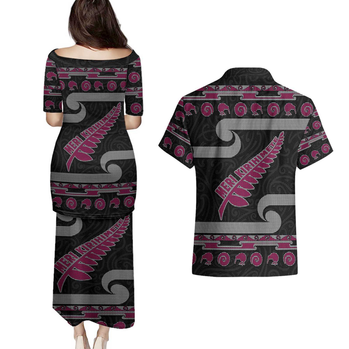 New Zealand Christmas Couples Matching Puletasi and Hawaiian Shirt Meri Kirihimete Silver Fern Knit Style Pink Color - Polynesian Pride