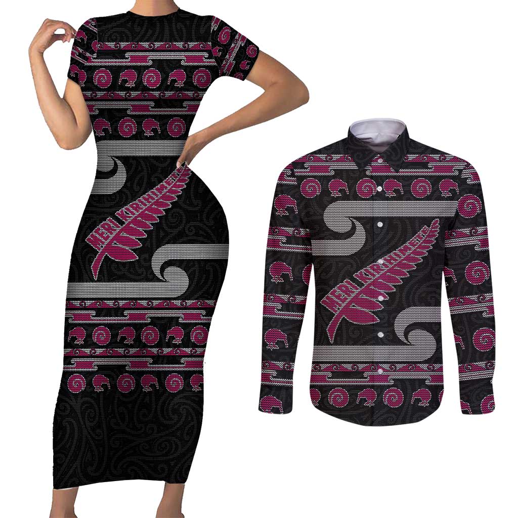 New Zealand Christmas Couples Matching Short Sleeve Bodycon Dress and Long Sleeve Button Shirt Meri Kirihimete Silver Fern Knit Style Pink Color - Polynesian Pride